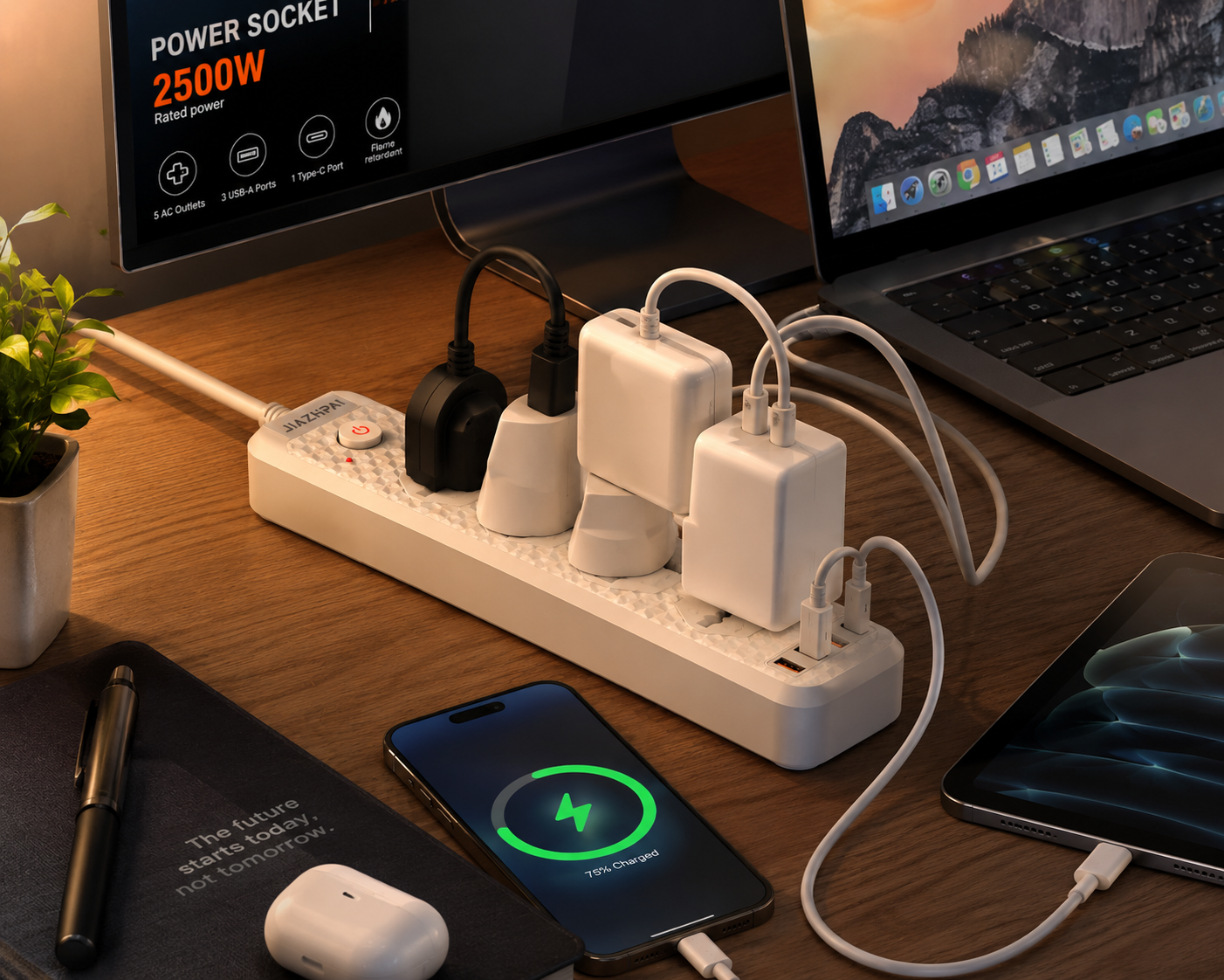 چندراهی برق حرفه‌ای J02 مدل 2500W با ۳ پورت USB و Type-C